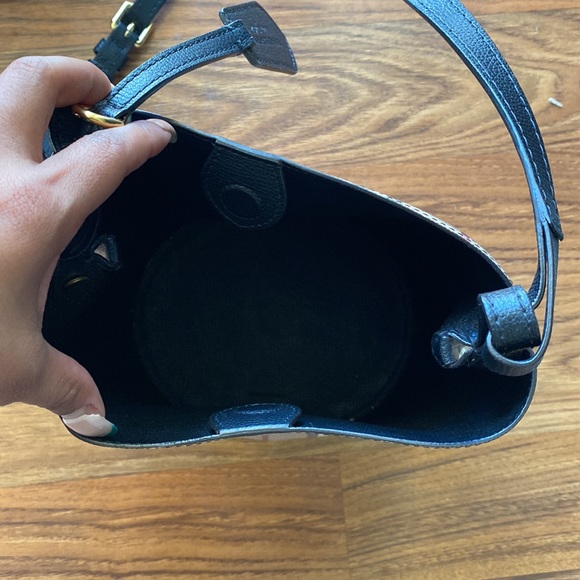 Leather and Haymarket check crossbody bucket bag in black. - Picture 5 of 5